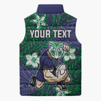 Personalised New Zealand Warriors Sleeveless Puffer Jacket Polynesian Tribal Pattern With Rugby Warrior Mascot Art