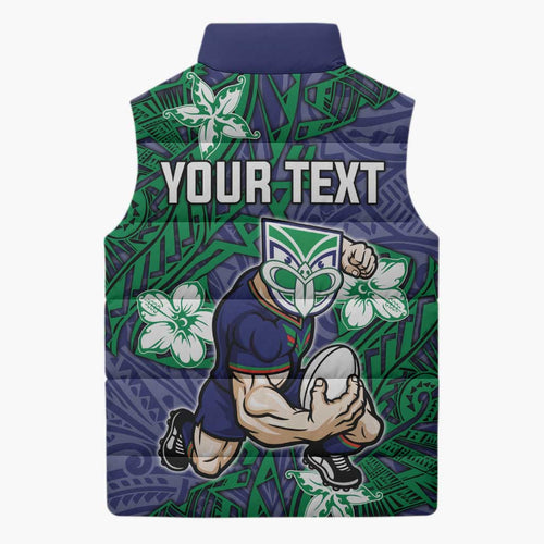 Personalised New Zealand Warriors Sleeveless Puffer Jacket Polynesian Tribal Pattern With Rugby Warrior Mascot Art
