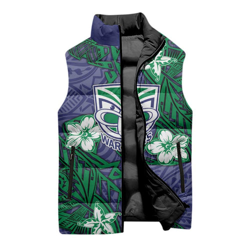 Personalised New Zealand Warriors Sleeveless Puffer Jacket Polynesian Tribal Pattern With Rugby Warrior Mascot Art