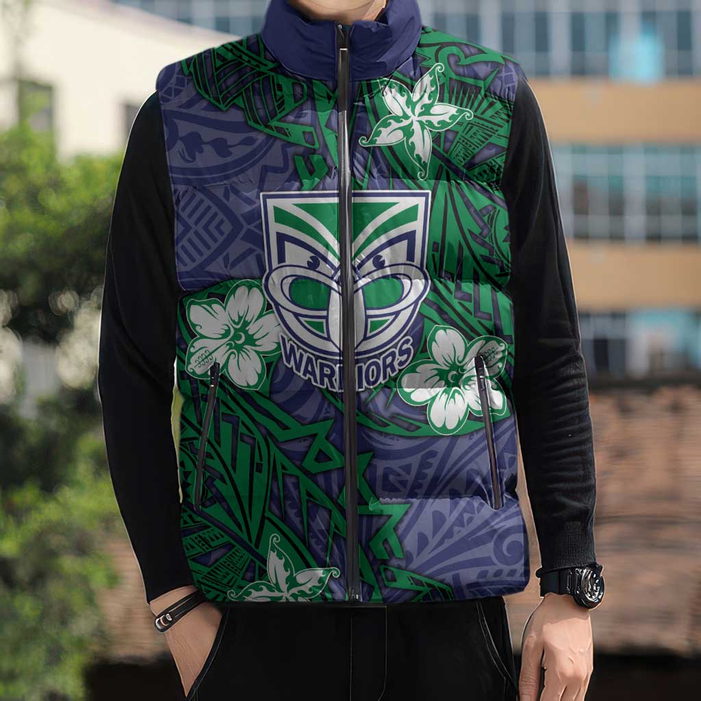 Personalised New Zealand Warriors Sleeveless Puffer Jacket Polynesian Tribal Pattern With Rugby Warrior Mascot Art