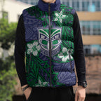 Personalised New Zealand Warriors Sleeveless Puffer Jacket Polynesian Tribal Pattern With Rugby Warrior Mascot Art