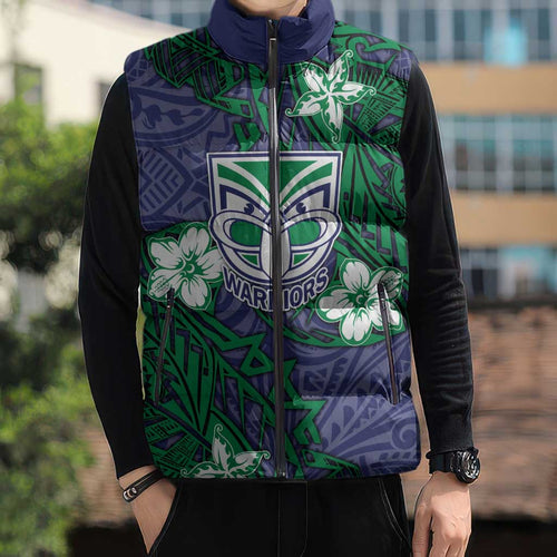 Personalised New Zealand Warriors Sleeveless Puffer Jacket Polynesian Tribal Pattern With Rugby Warrior Mascot Art