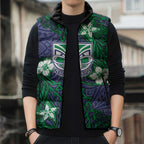Personalised New Zealand Warriors Sleeveless Puffer Jacket Polynesian Tribal Pattern With Rugby Warrior Mascot Art