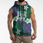 Personalised New Zealand Warriors Sleeveless Zip Hoodie Polynesian Tribal Pattern With Rugby Warrior Mascot Art
