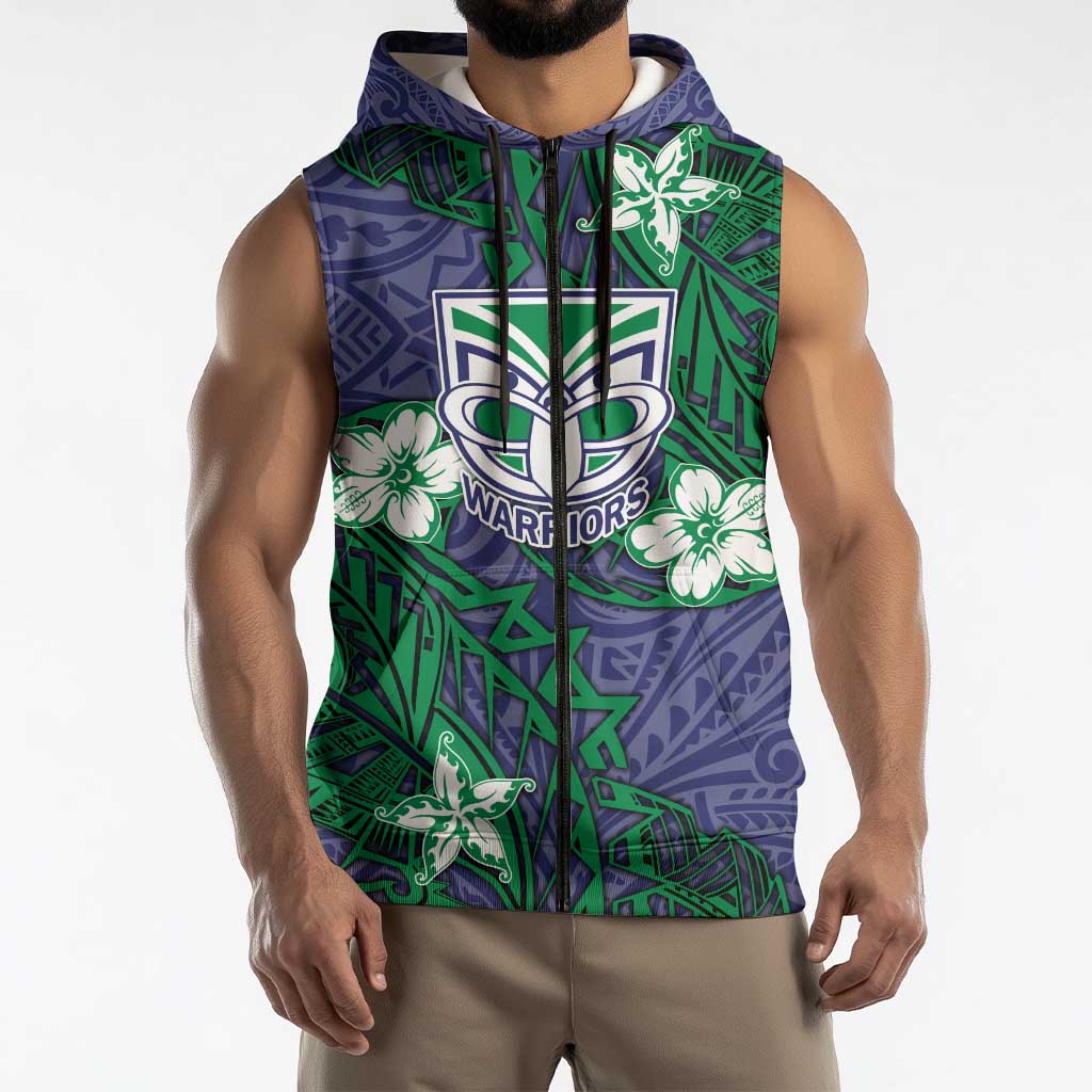 Personalised New Zealand Warriors Sleeveless Zip Hoodie Polynesian Tribal Pattern With Rugby Warrior Mascot Art