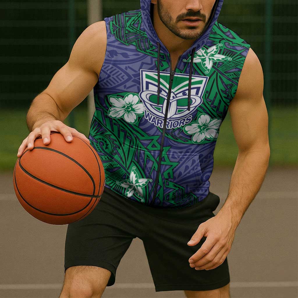 Personalised New Zealand Warriors Sleeveless Zip Hoodie Polynesian Tribal Pattern With Rugby Warrior Mascot Art