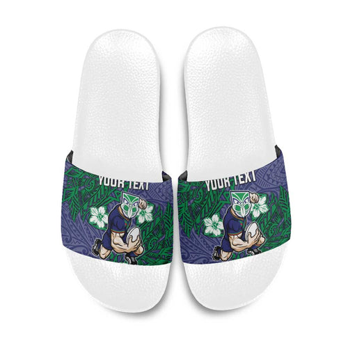 Personalised New Zealand Warriors Slide Sandals Polynesian Tribal Pattern With Rugby Warrior Mascot Art