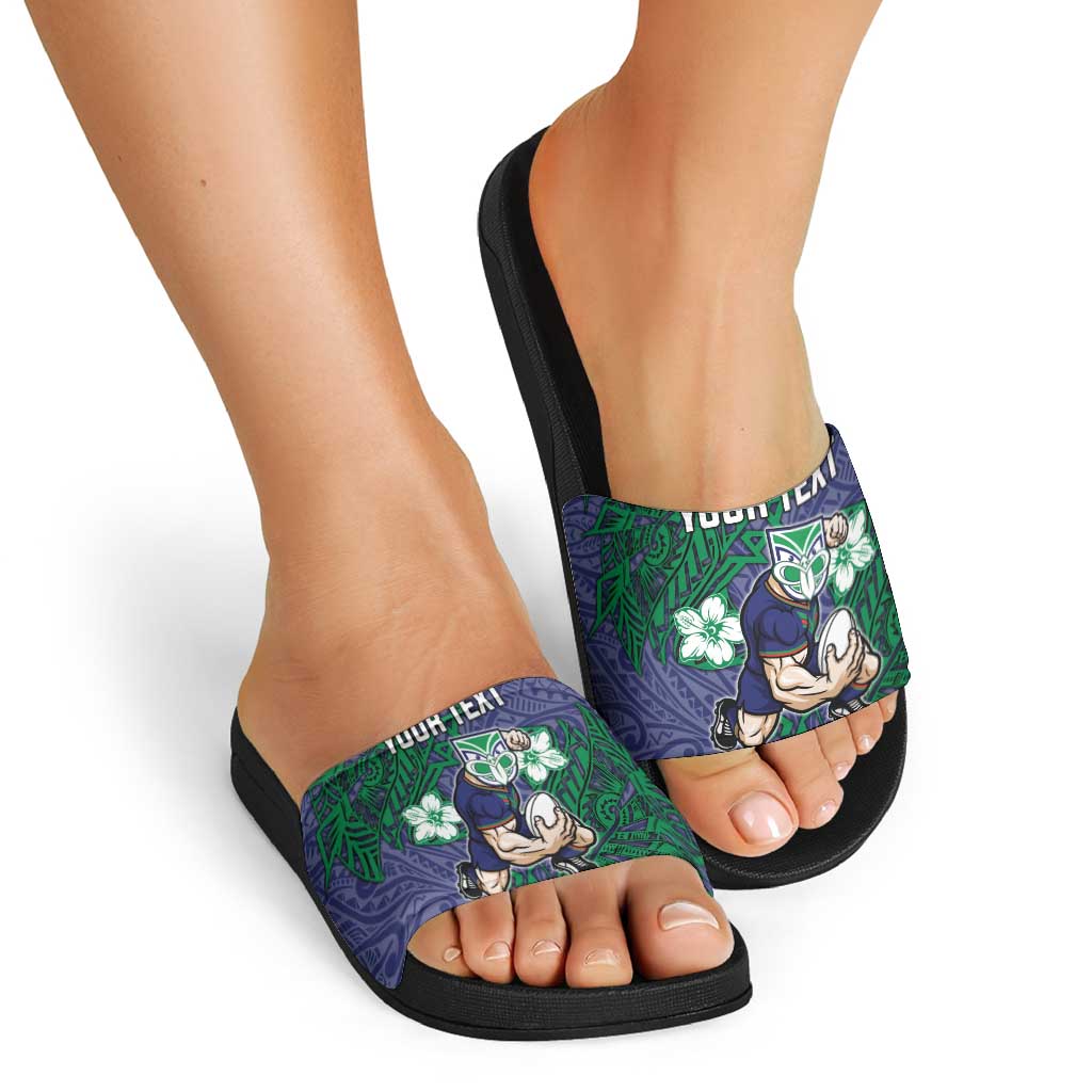 Personalised New Zealand Warriors Slide Sandals Polynesian Tribal Pattern With Rugby Warrior Mascot Art