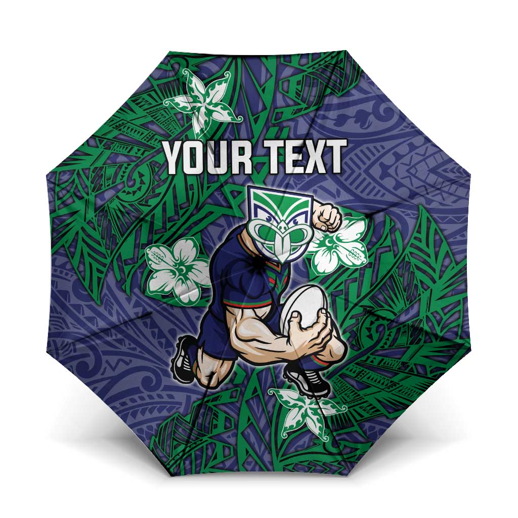 Personalised New Zealand Warriors Umbrella Polynesian Tribal Pattern With Rugby Warrior Mascot Art