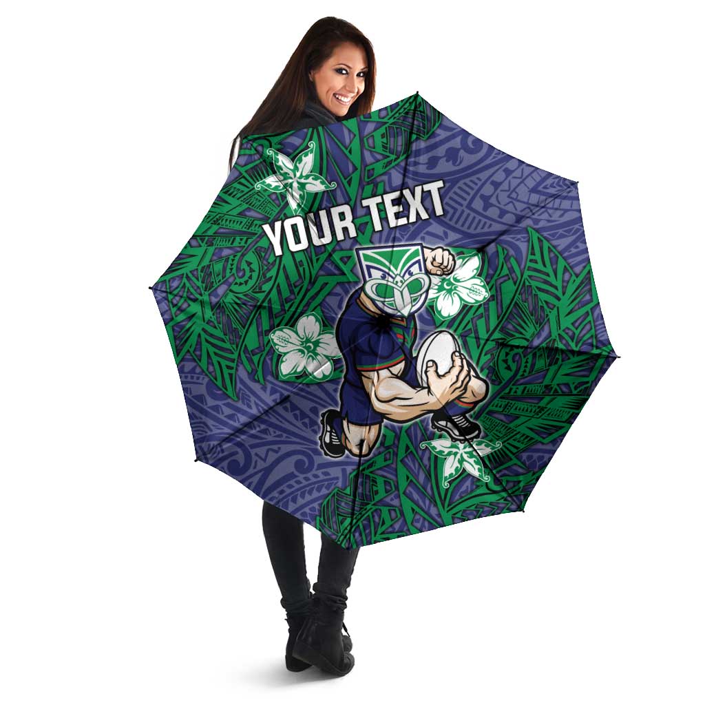 Personalised New Zealand Warriors Umbrella Polynesian Tribal Pattern With Rugby Warrior Mascot Art