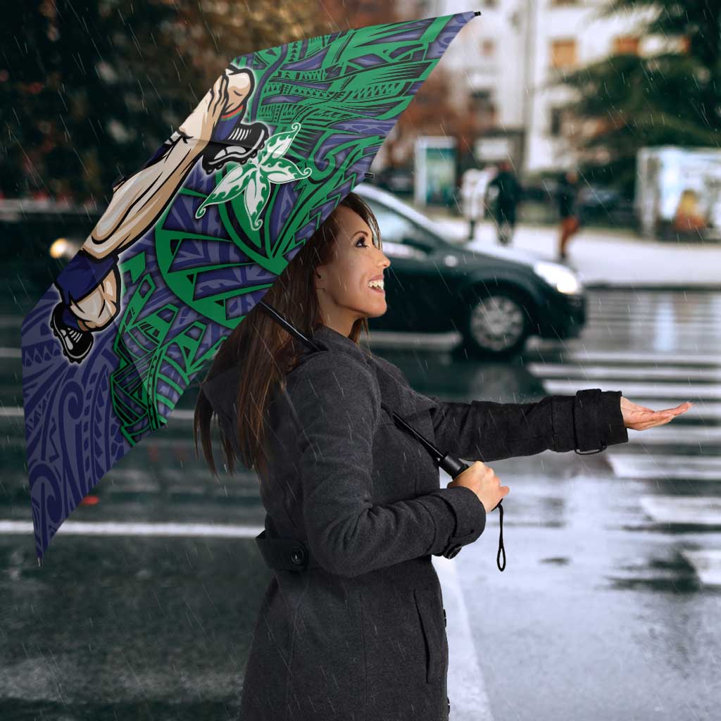 Personalised New Zealand Warriors Umbrella Polynesian Tribal Pattern With Rugby Warrior Mascot Art