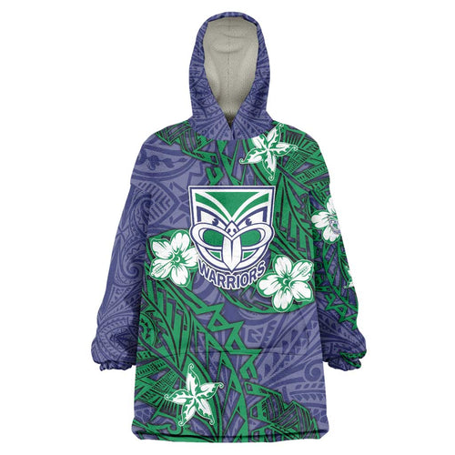 Personalised New Zealand Warriors Wearable Blanket Hoodie Polynesian Tribal Pattern With Rugby Warrior Mascot Art