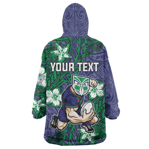 Personalised New Zealand Warriors Wearable Blanket Hoodie Polynesian Tribal Pattern With Rugby Warrior Mascot Art