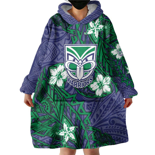 Personalised New Zealand Warriors Wearable Blanket Hoodie Polynesian Tribal Pattern With Rugby Warrior Mascot Art