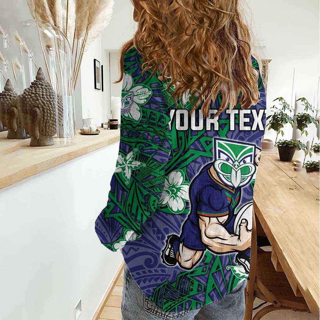 Personalised New Zealand Warriors Women Casual Shirt Polynesian Tribal Pattern With Rugby Warrior Mascot Art