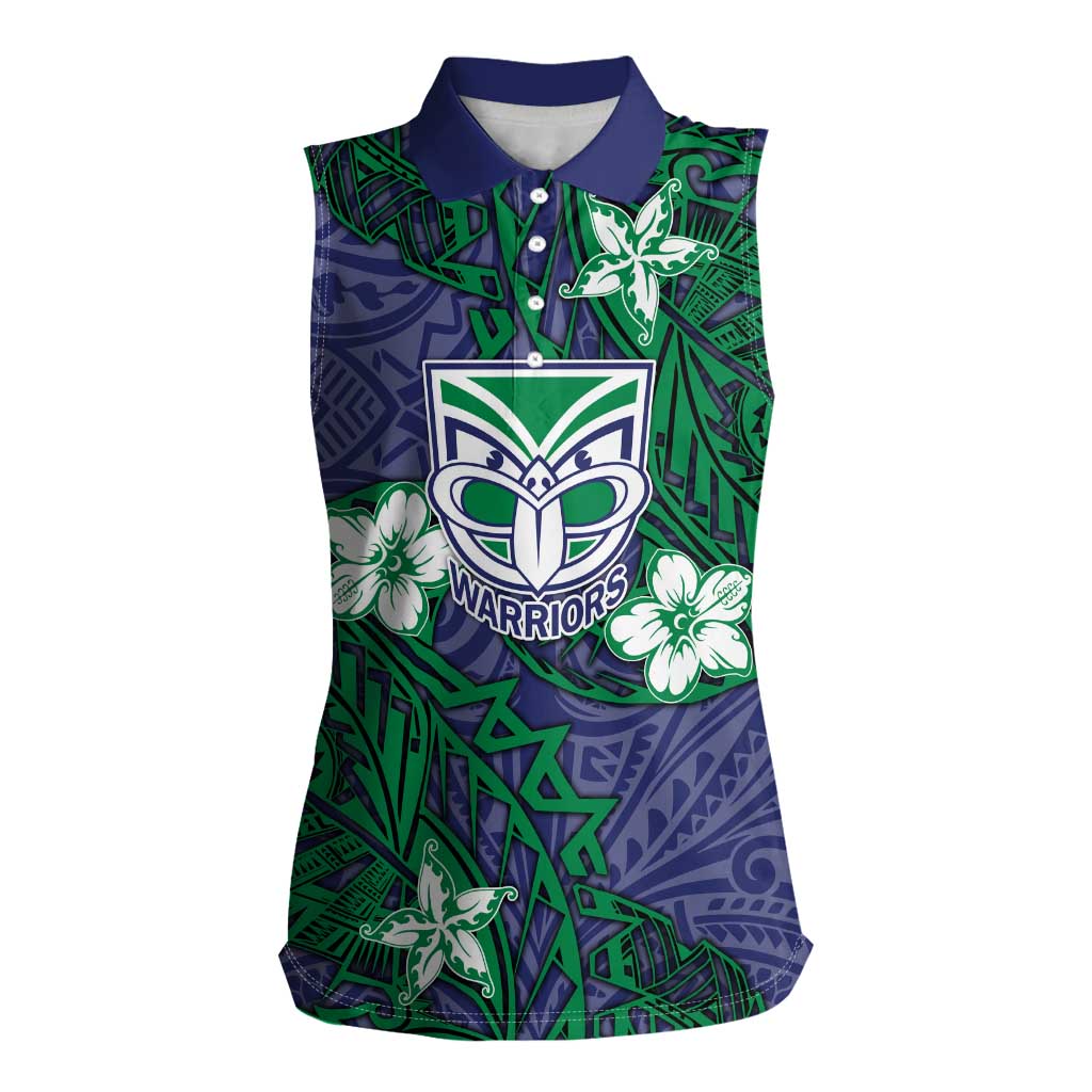Personalised New Zealand Warriors Women Sleeveless Polo Shirt Polynesian Tribal Pattern With Rugby Warrior Mascot Art