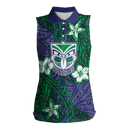 Personalised New Zealand Warriors Women Sleeveless Polo Shirt Polynesian Tribal Pattern With Rugby Warrior Mascot Art