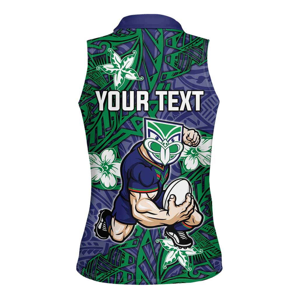 Personalised New Zealand Warriors Women Sleeveless Polo Shirt Polynesian Tribal Pattern With Rugby Warrior Mascot Art