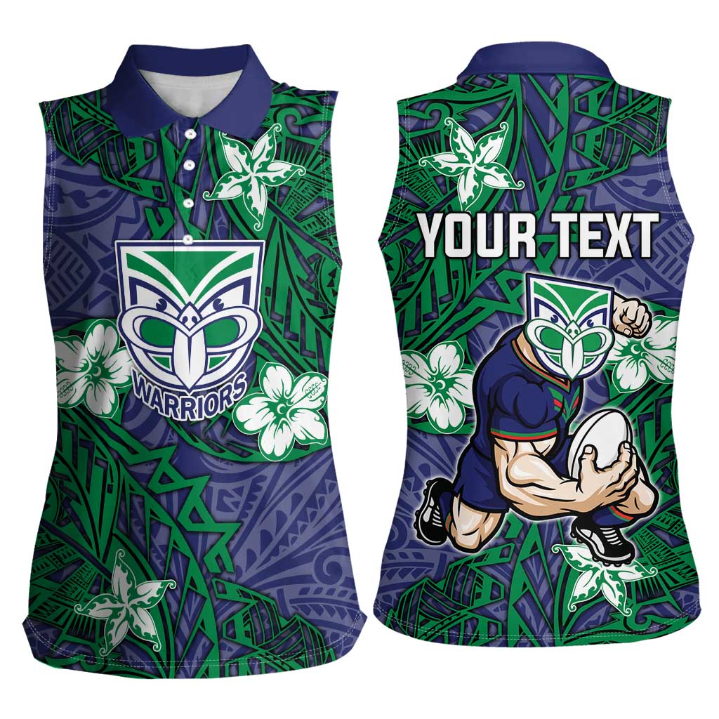 Personalised New Zealand Warriors Women Sleeveless Polo Shirt Polynesian Tribal Pattern With Rugby Warrior Mascot Art