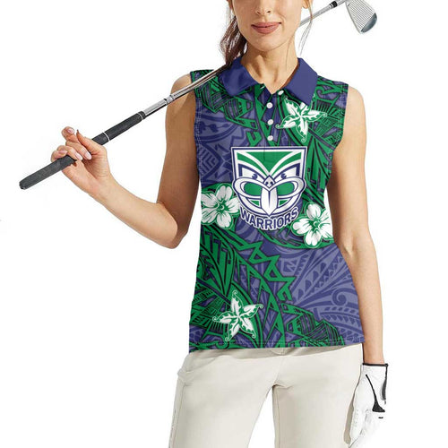Personalised New Zealand Warriors Women Sleeveless Polo Shirt Polynesian Tribal Pattern With Rugby Warrior Mascot Art
