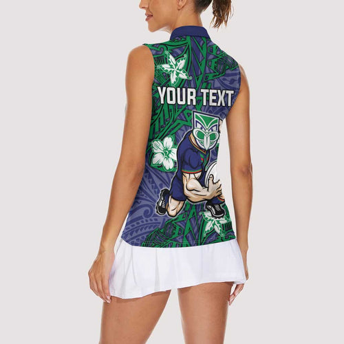 Personalised New Zealand Warriors Women Sleeveless Polo Shirt Polynesian Tribal Pattern With Rugby Warrior Mascot Art