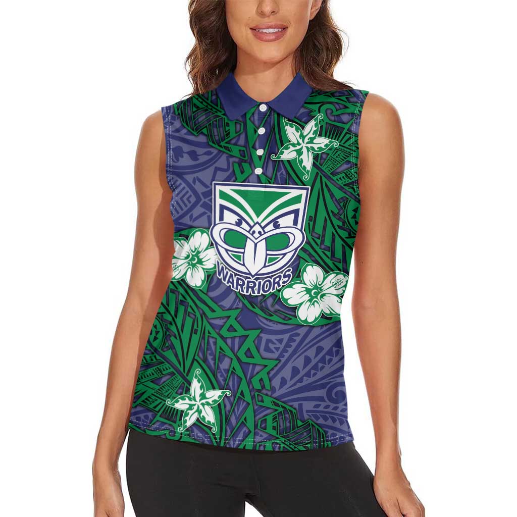 Personalised New Zealand Warriors Women Sleeveless Polo Shirt Polynesian Tribal Pattern With Rugby Warrior Mascot Art