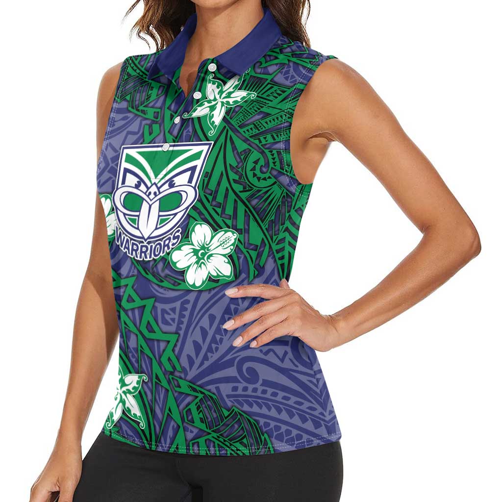 Personalised New Zealand Warriors Women Sleeveless Polo Shirt Polynesian Tribal Pattern With Rugby Warrior Mascot Art