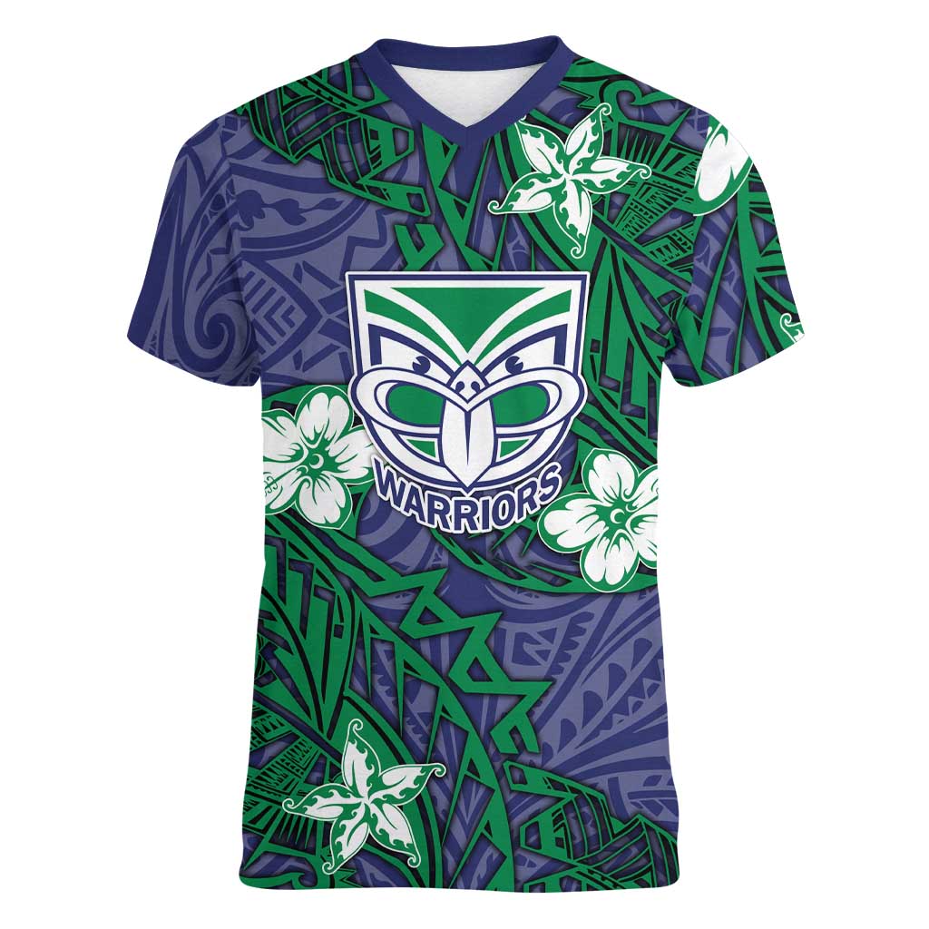 Personalised New Zealand Warriors Women V-Neck T-Shirt Polynesian Tribal Pattern With Rugby Warrior Mascot Art