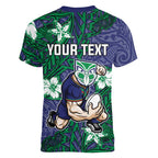 Personalised New Zealand Warriors Women V-Neck T-Shirt Polynesian Tribal Pattern With Rugby Warrior Mascot Art