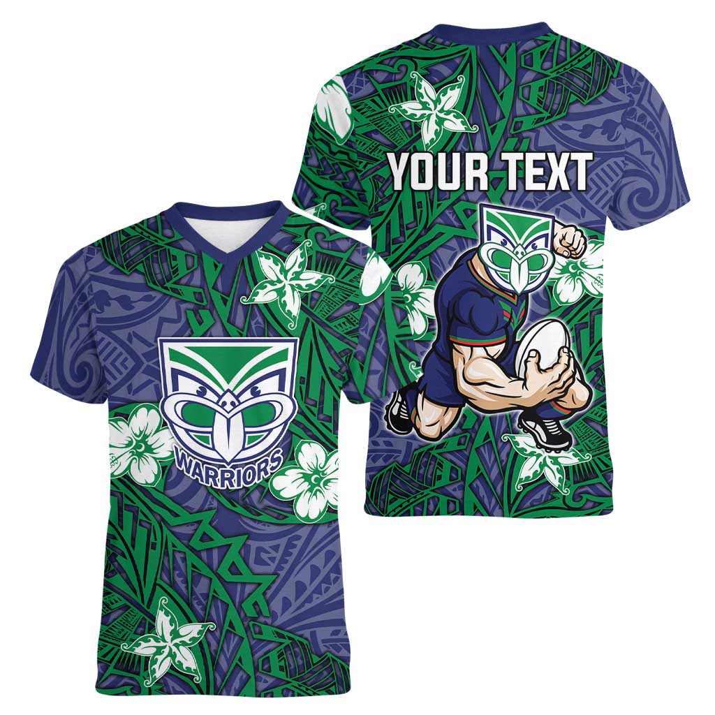 Personalised New Zealand Warriors Women V-Neck T-Shirt Polynesian Tribal Pattern With Rugby Warrior Mascot Art