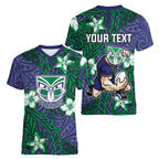 Personalised New Zealand Warriors Women V-Neck T-Shirt Polynesian Tribal Pattern With Rugby Warrior Mascot Art