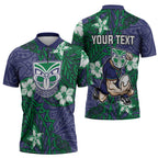 Personalised New Zealand Warriors Zipper Polo Shirt Polynesian Tribal Pattern With Rugby Warrior Mascot Art