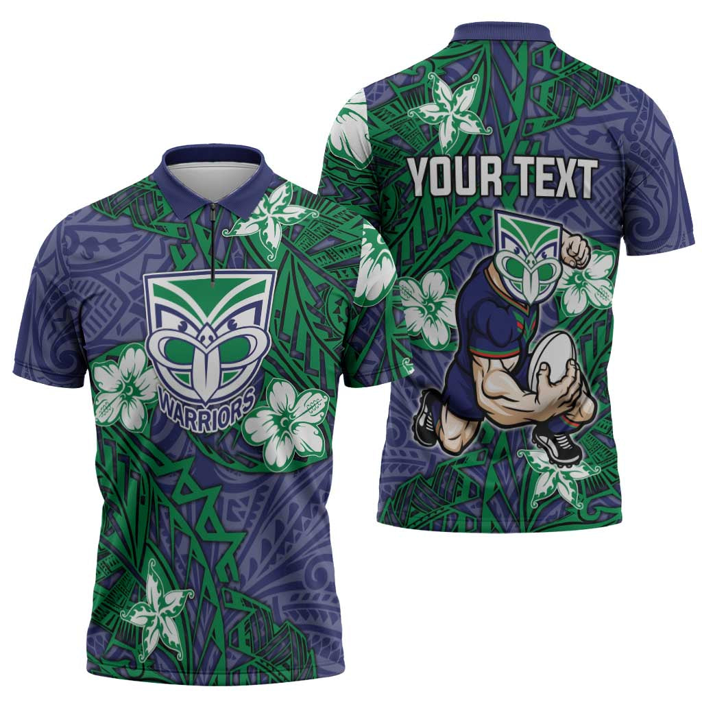 Personalised New Zealand Warriors Zipper Polo Shirt Polynesian Tribal Pattern With Rugby Warrior Mascot Art
