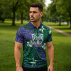 Personalised New Zealand Warriors Zipper Polo Shirt Polynesian Tribal Pattern With Rugby Warrior Mascot Art