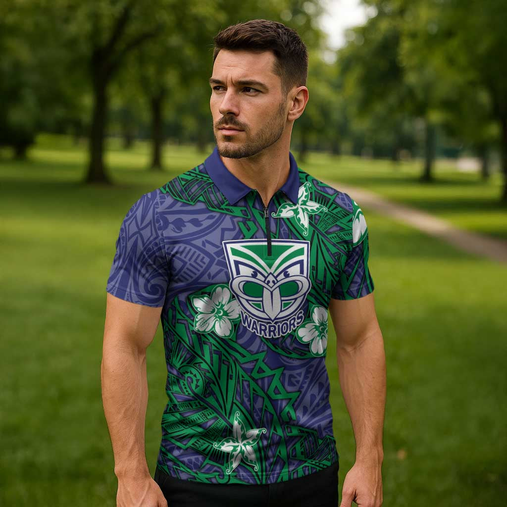 Personalised New Zealand Warriors Zipper Polo Shirt Polynesian Tribal Pattern With Rugby Warrior Mascot Art