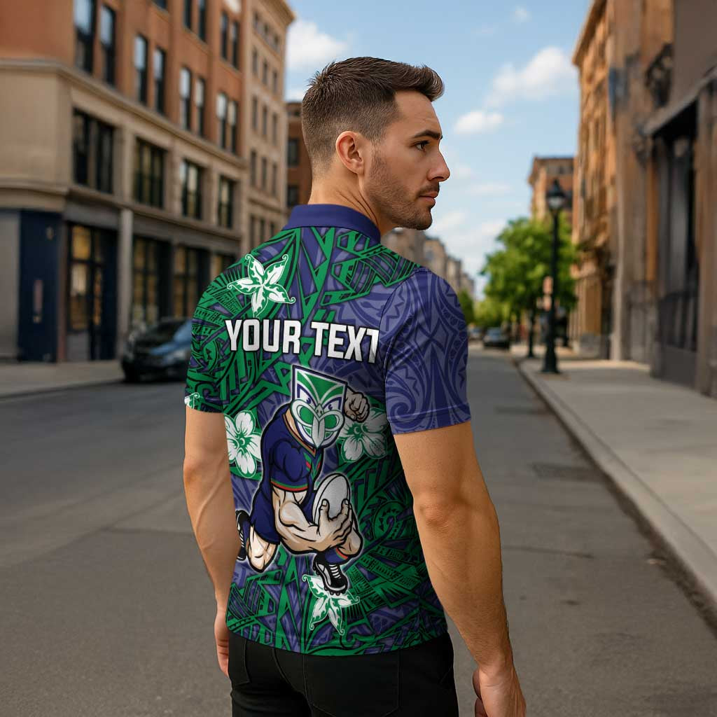Personalised New Zealand Warriors Zipper Polo Shirt Polynesian Tribal Pattern With Rugby Warrior Mascot Art