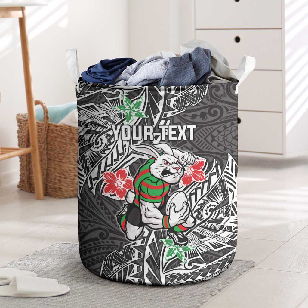 Personalised South Sydney Rabbitohs Laundry Basket Polynesian Tribal Pattern With Rugby Rabbit Mascot Art