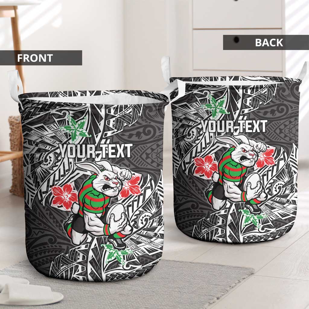 Personalised South Sydney Rabbitohs Laundry Basket Polynesian Tribal Pattern With Rugby Rabbit Mascot Art