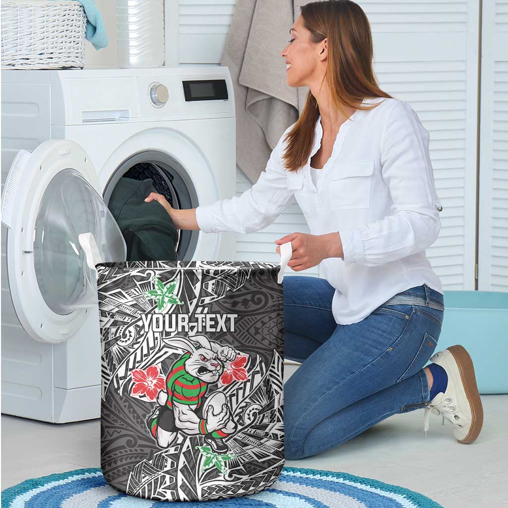 Personalised South Sydney Rabbitohs Laundry Basket Polynesian Tribal Pattern With Rugby Rabbit Mascot Art