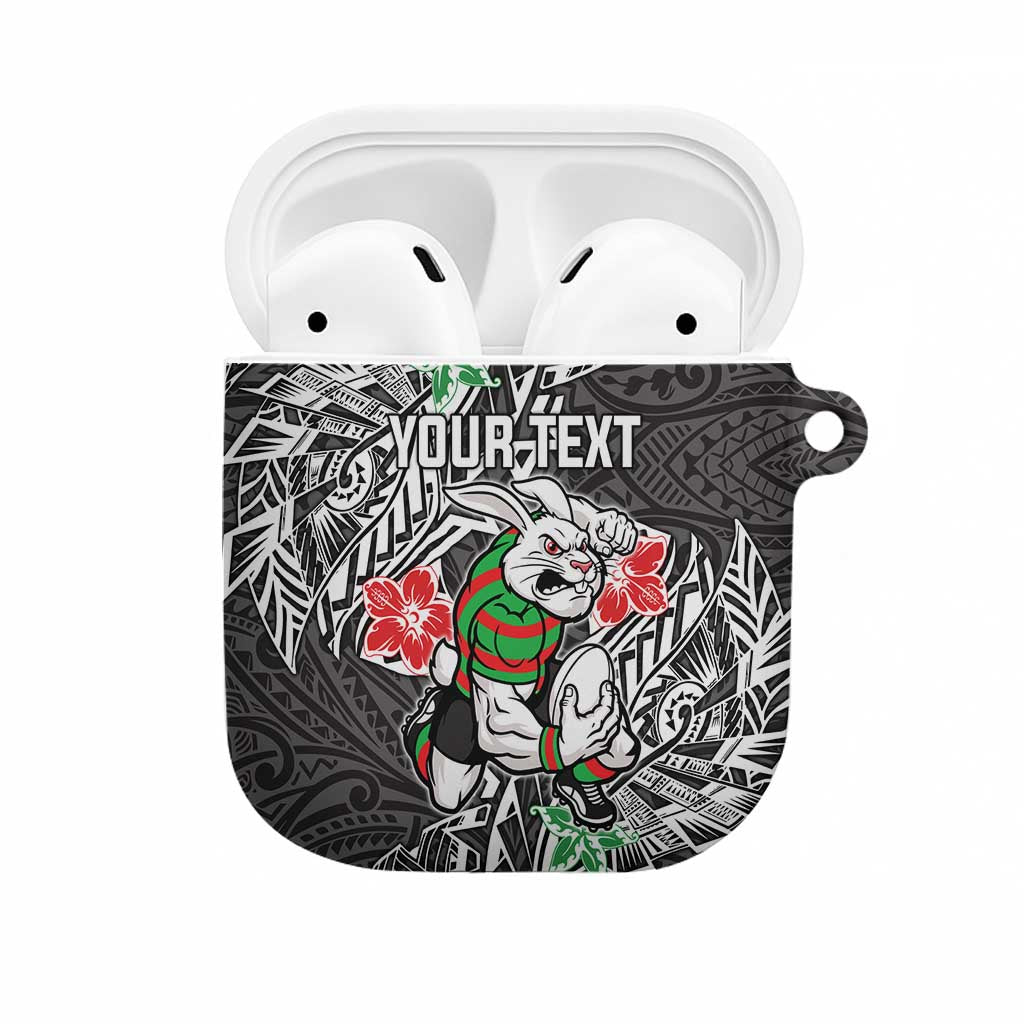 Personalised South Sydney Rabbitohs AirPods Case Polynesian Tribal Pattern With Rugby Rabbit Mascot Art