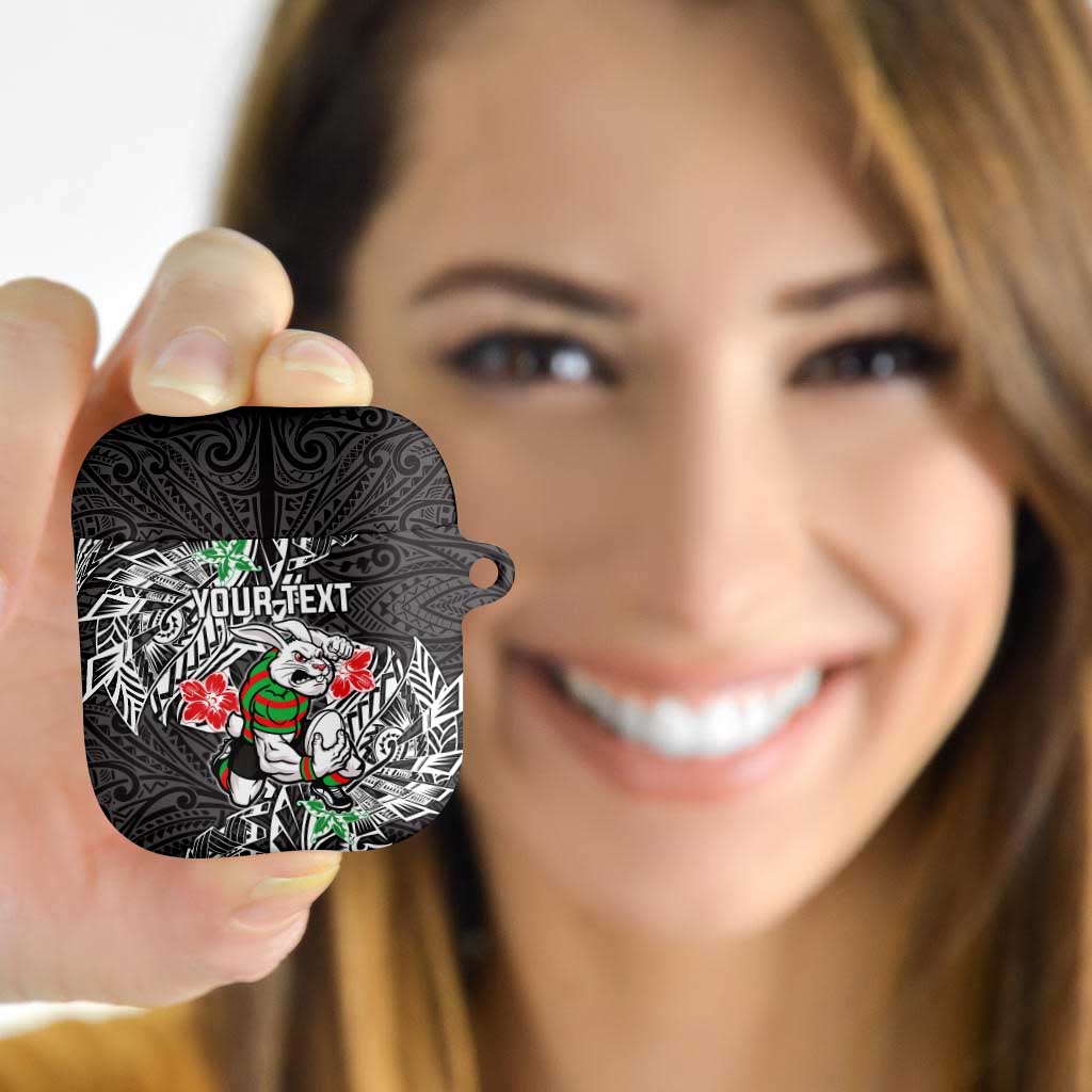 Personalised South Sydney Rabbitohs AirPods Case Polynesian Tribal Pattern With Rugby Rabbit Mascot Art