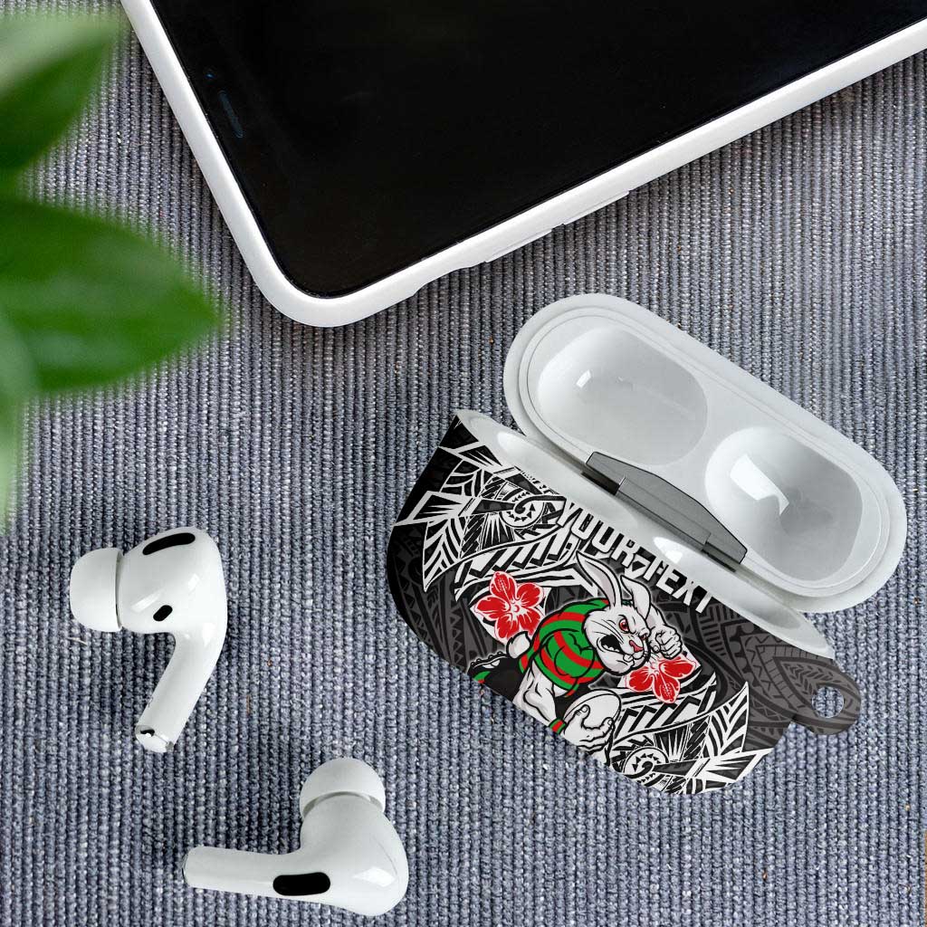 Personalised South Sydney Rabbitohs AirPods Case Polynesian Tribal Pattern With Rugby Rabbit Mascot Art