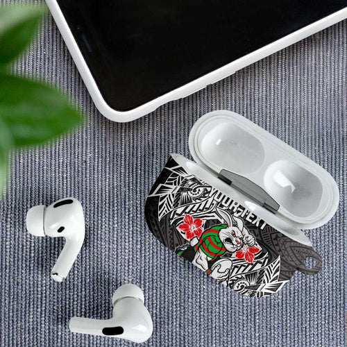 Personalised South Sydney Rabbitohs AirPods Case Polynesian Tribal Pattern With Rugby Rabbit Mascot Art