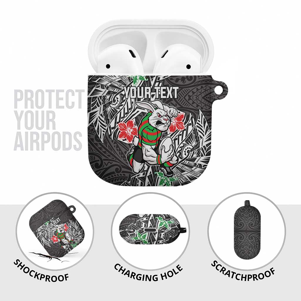 Personalised South Sydney Rabbitohs AirPods Case Polynesian Tribal Pattern With Rugby Rabbit Mascot Art