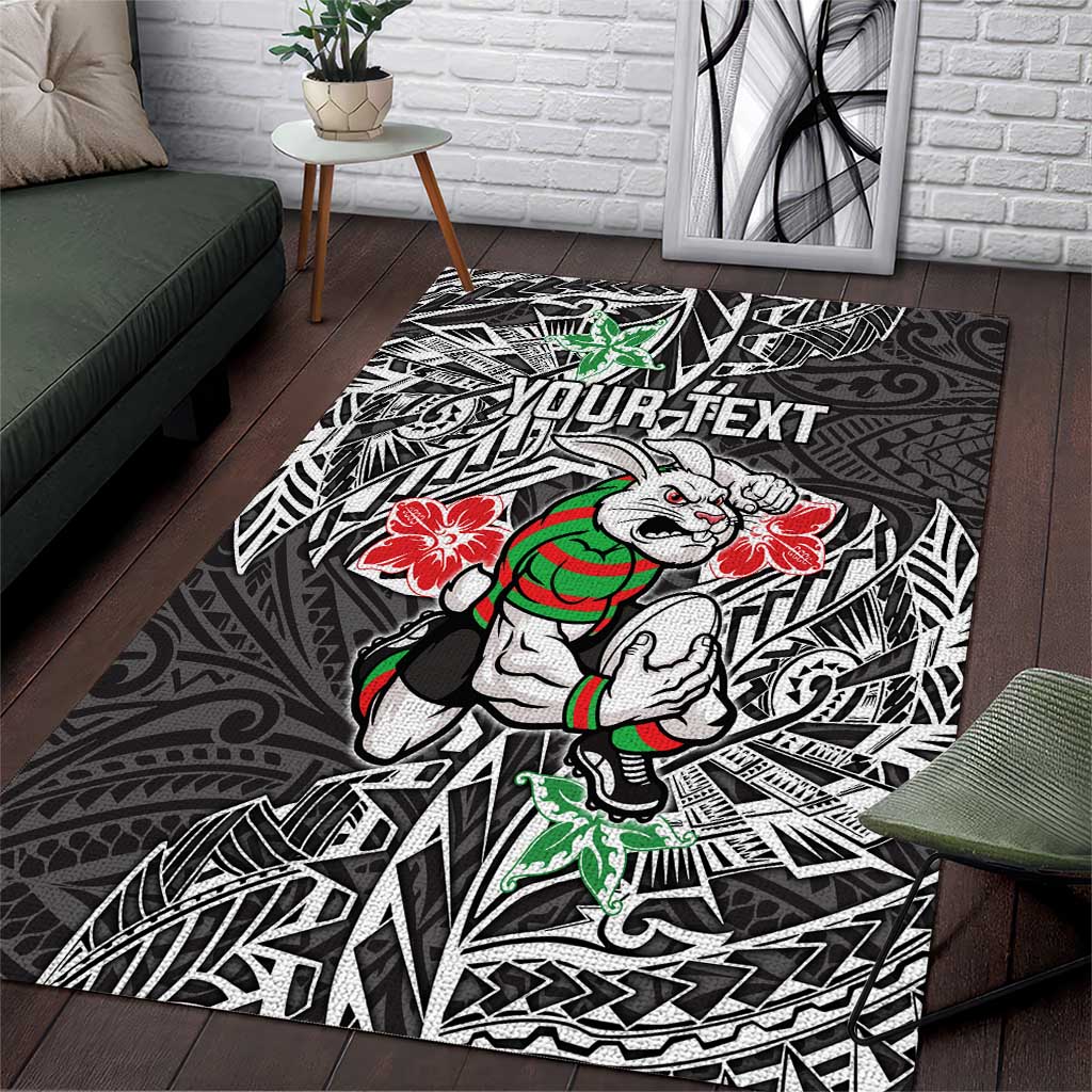 Personalised South Sydney Rabbitohs Area Rug Polynesian Tribal Pattern With Rugby Rabbit Mascot Art