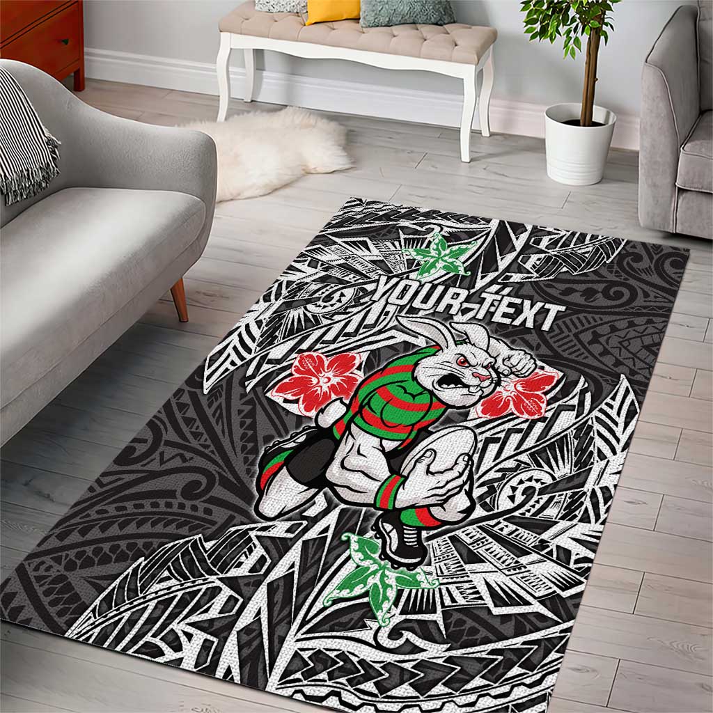 Personalised South Sydney Rabbitohs Area Rug Polynesian Tribal Pattern With Rugby Rabbit Mascot Art