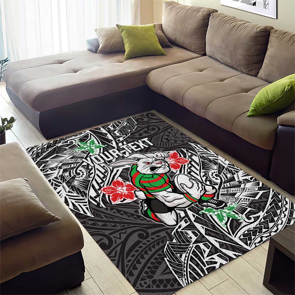 Personalised South Sydney Rabbitohs Area Rug Polynesian Tribal Pattern With Rugby Rabbit Mascot Art