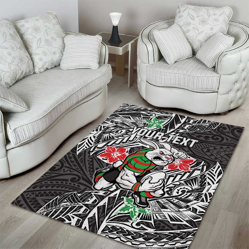 Personalised South Sydney Rabbitohs Area Rug Polynesian Tribal Pattern With Rugby Rabbit Mascot Art
