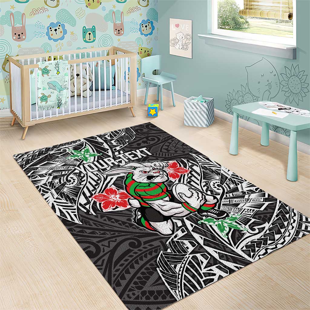 Personalised South Sydney Rabbitohs Area Rug Polynesian Tribal Pattern With Rugby Rabbit Mascot Art
