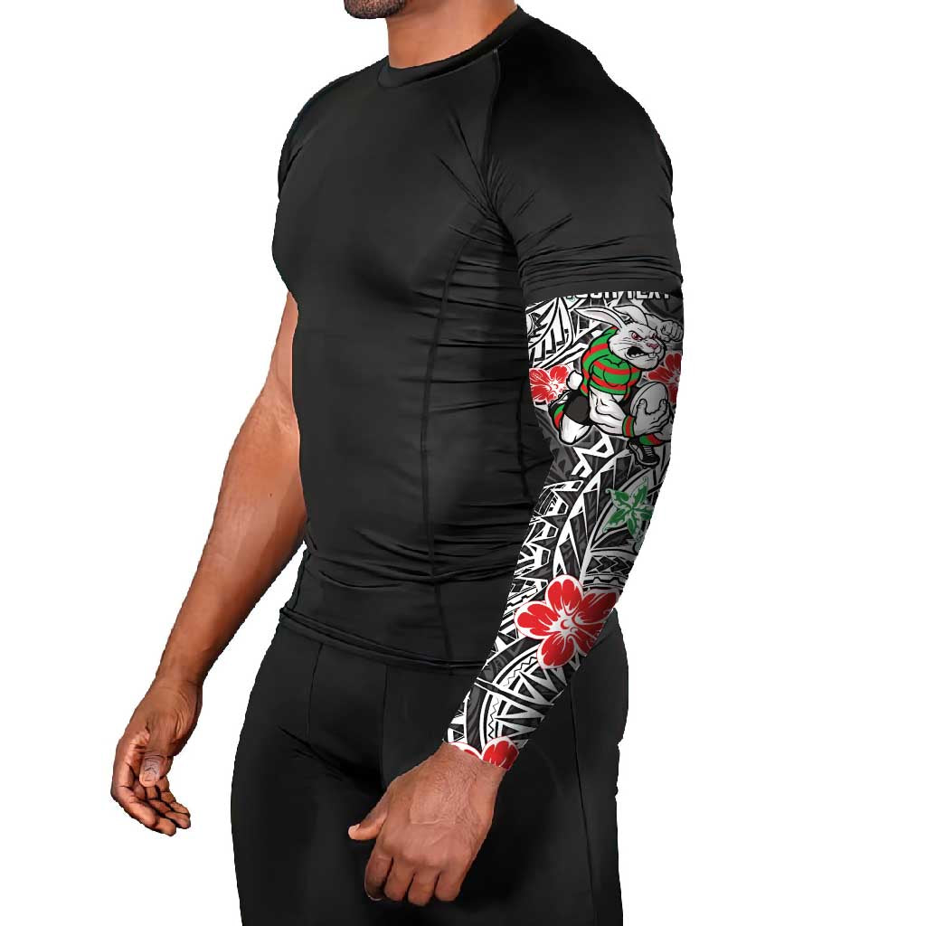 Personalised South Sydney Rabbitohs Arm Sleeves Polynesian Tribal Pattern With Rugby Rabbit Mascot Art
